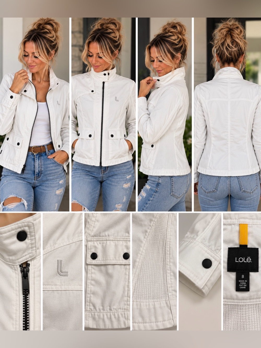 Lole White Utility Moto Jacket Size 8 Stretch Cotton